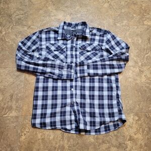 Wrangler ATG Shirt Mens Large L Blue White Long Sleeve Plaid Button Up Workwear